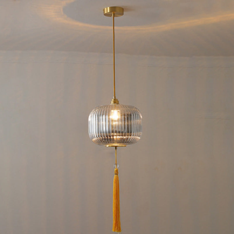 Lámpara colgante de 1 luz de vidrio de linterna redonda china tradicional de cobre para sala de estar 