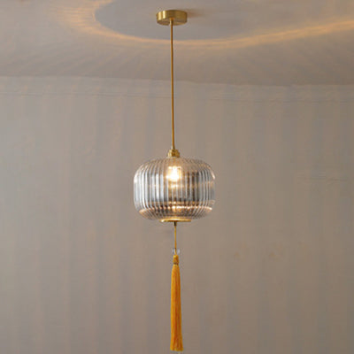 Traditionelle chinesische runde Laterne aus Glas, Kupfer, 1-flammig, Pendelleuchte für Wohnzimmer 