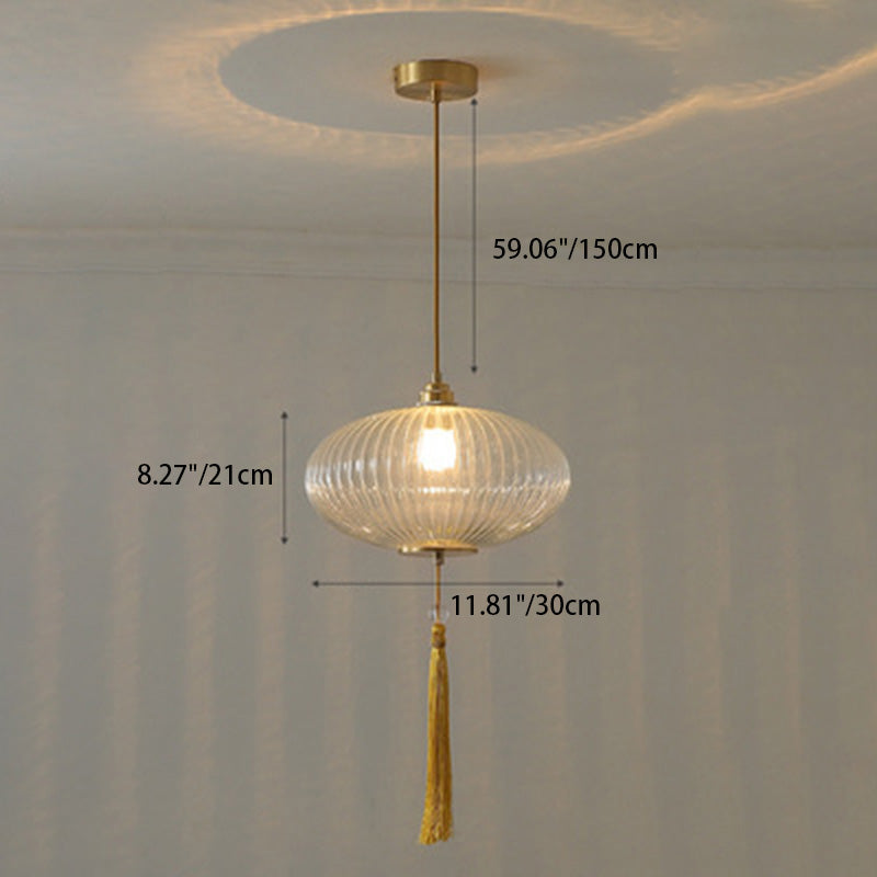 Lámpara colgante de 1 luz de vidrio de linterna redonda china tradicional de cobre para sala de estar 
