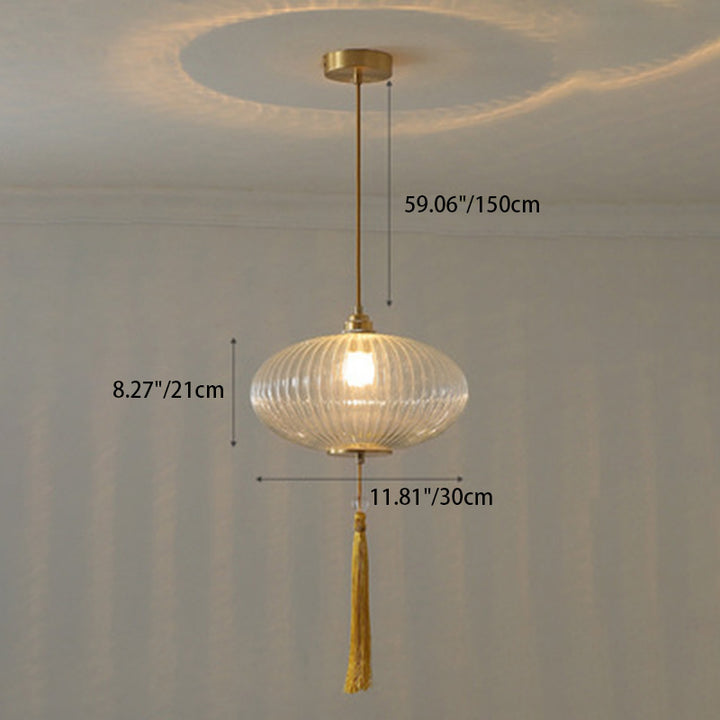 Lámpara colgante de 1 luz de vidrio de linterna redonda china tradicional de cobre para sala de estar 