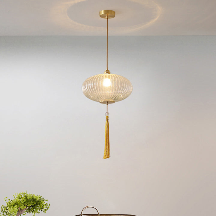 Lámpara colgante de 1 luz de vidrio de linterna redonda china tradicional de cobre para sala de estar 