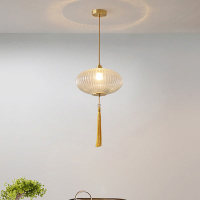 Traditionelle chinesische runde Laterne aus Glas, Kupfer, 1-flammig, Pendelleuchte für Wohnzimmer 