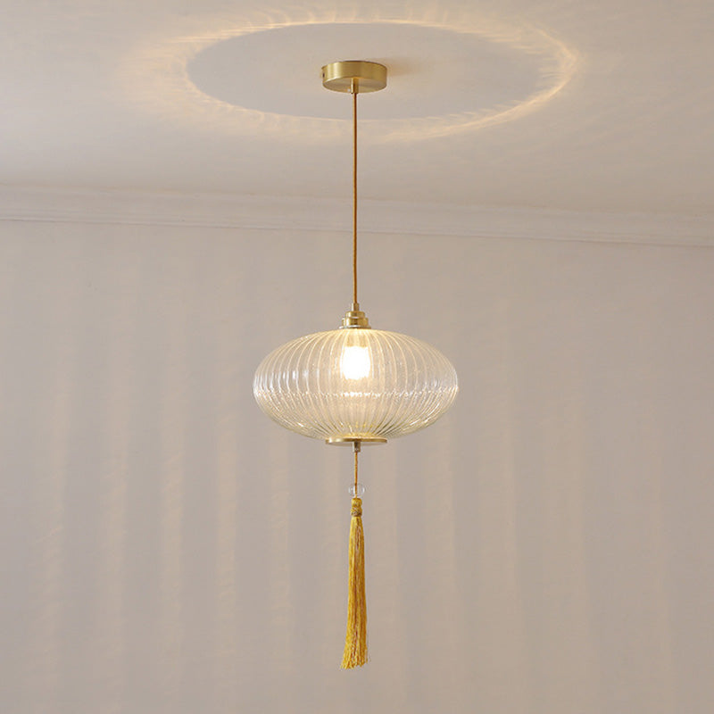 Lámpara colgante de 1 luz de vidrio de linterna redonda china tradicional de cobre para sala de estar 