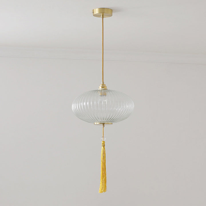 Lámpara colgante de 1 luz de vidrio de linterna redonda china tradicional de cobre para sala de estar 