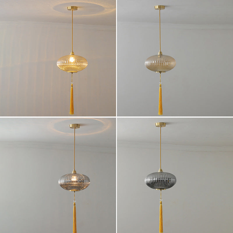 Lámpara colgante de 1 luz de vidrio de linterna redonda china tradicional de cobre para sala de estar 