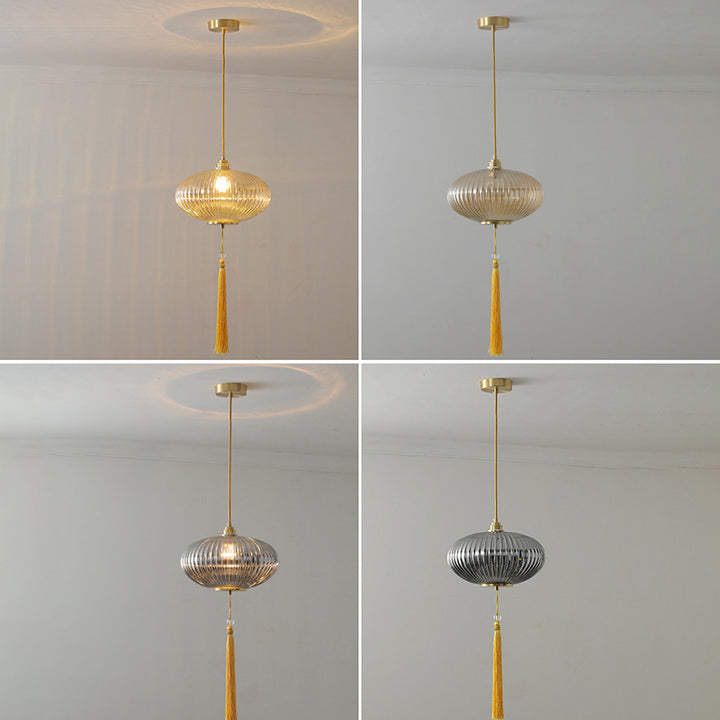 Lámpara colgante de 1 luz de vidrio de linterna redonda china tradicional de cobre para sala de estar 