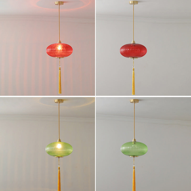 Lámpara colgante de 1 luz de vidrio de linterna redonda china tradicional de cobre para sala de estar 