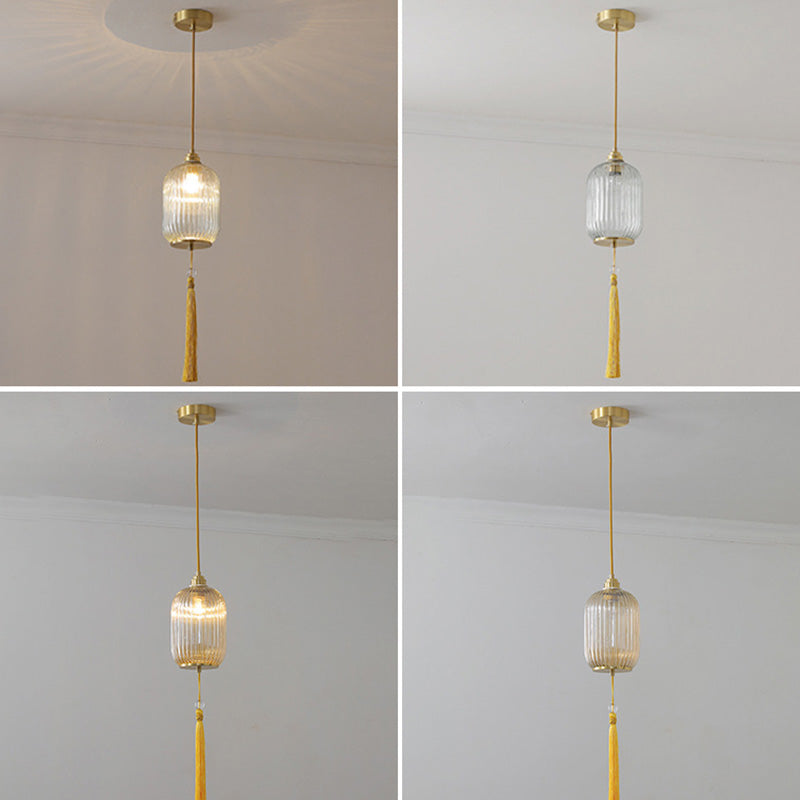 Lámpara colgante de 1 luz de vidrio de linterna redonda china tradicional de cobre para sala de estar 