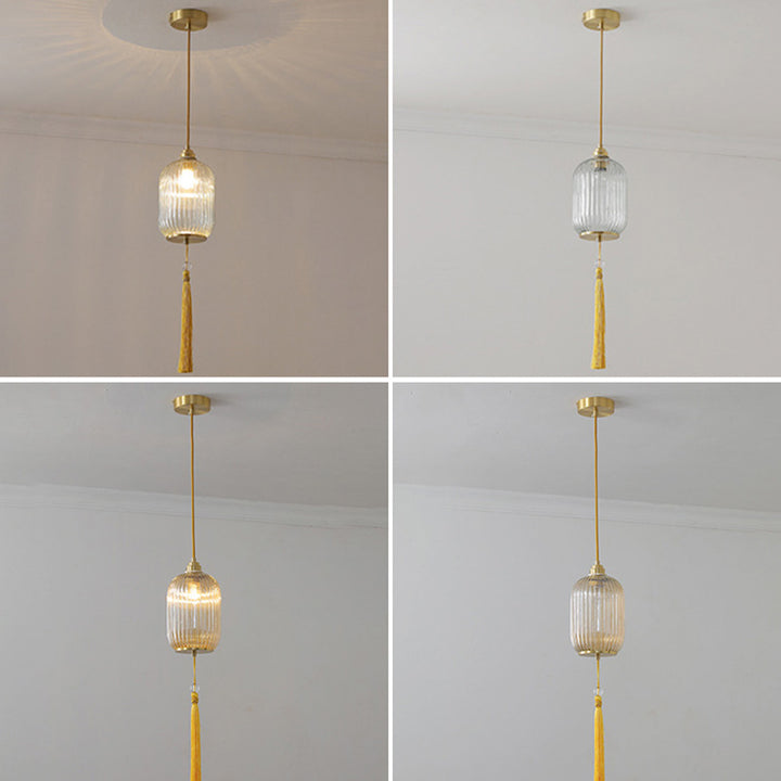 Lámpara colgante de 1 luz de vidrio de linterna redonda china tradicional de cobre para sala de estar 