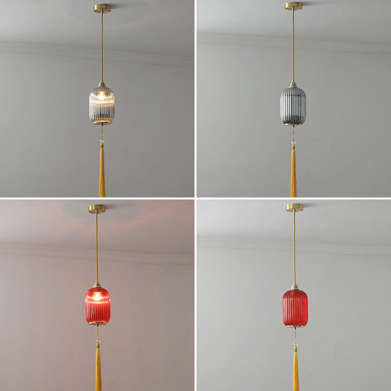Lámpara colgante de 1 luz de vidrio de linterna redonda china tradicional de cobre para sala de estar 