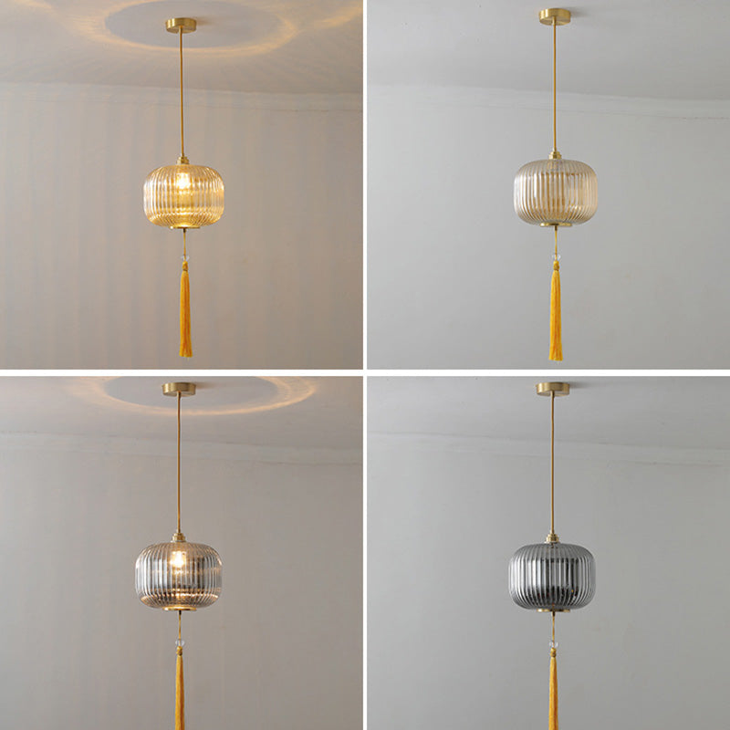 Lámpara colgante de 1 luz de vidrio de linterna redonda china tradicional de cobre para sala de estar 