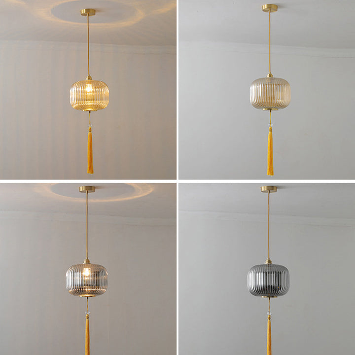 Lámpara colgante de 1 luz de vidrio de linterna redonda china tradicional de cobre para sala de estar 