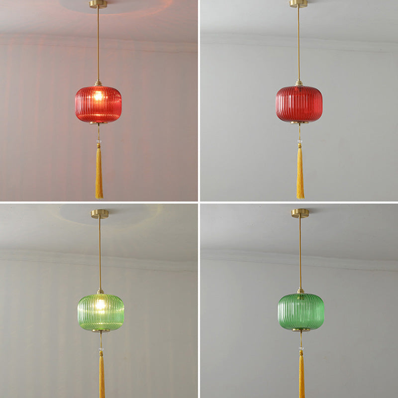 Lámpara colgante de 1 luz de vidrio de linterna redonda china tradicional de cobre para sala de estar 