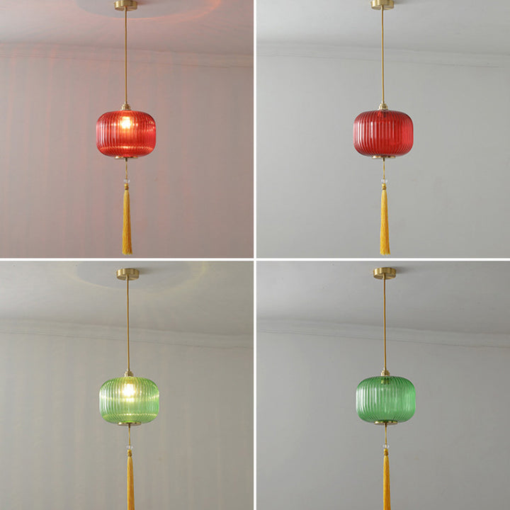 Lámpara colgante de 1 luz de vidrio de linterna redonda china tradicional de cobre para sala de estar 