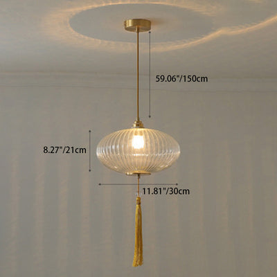 Traditionelle chinesische runde Laterne aus Glas, Kupfer, 1-flammig, Pendelleuchte für Wohnzimmer 