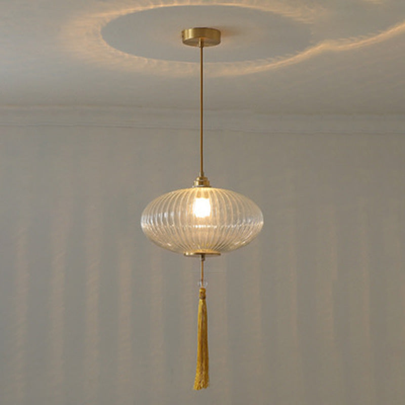 Lámpara colgante de 1 luz de vidrio de linterna redonda china tradicional de cobre para sala de estar 