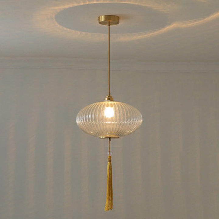Lámpara colgante de 1 luz de vidrio de linterna redonda china tradicional de cobre para sala de estar 