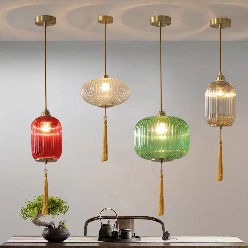 Lámpara colgante de 1 luz de vidrio de linterna redonda china tradicional de cobre para sala de estar 