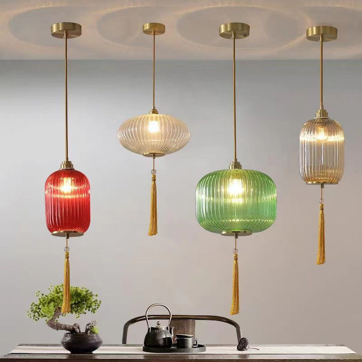 Lámpara colgante de 1 luz de vidrio de linterna redonda china tradicional de cobre para sala de estar 