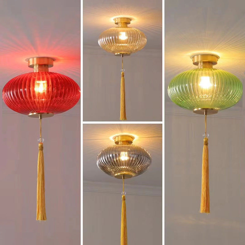 Lámpara colgante de 1 luz de vidrio de linterna redonda china tradicional de cobre para sala de estar 