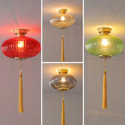 Traditionelle chinesische runde Laterne aus Glas, Kupfer, 1-flammig, Pendelleuchte für Wohnzimmer 