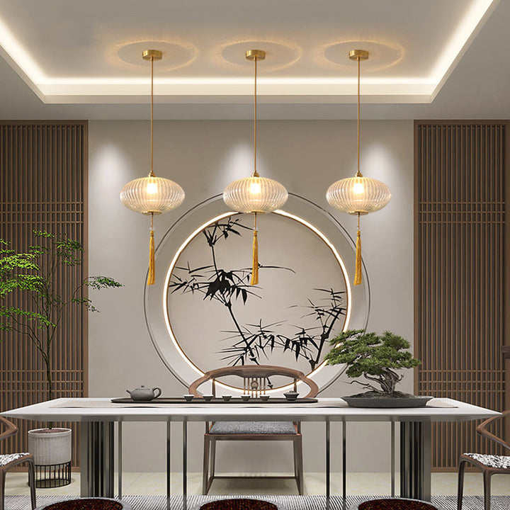 Lámpara colgante de 1 luz de vidrio de linterna redonda china tradicional de cobre para sala de estar 