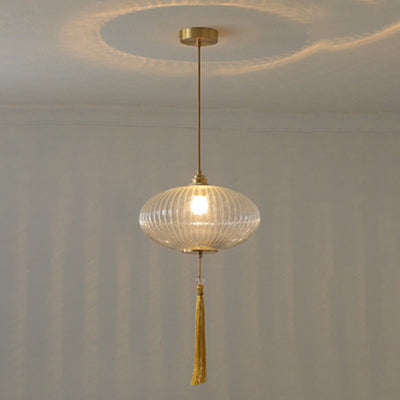 Traditionelle chinesische runde Laterne aus Glas, Kupfer, 1-flammig, Pendelleuchte für Wohnzimmer 