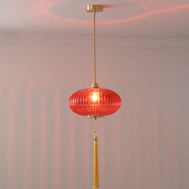 Lámpara colgante de 1 luz de vidrio de linterna redonda china tradicional de cobre para sala de estar 