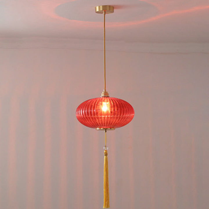 Lámpara colgante de 1 luz de vidrio de linterna redonda china tradicional de cobre para sala de estar 
