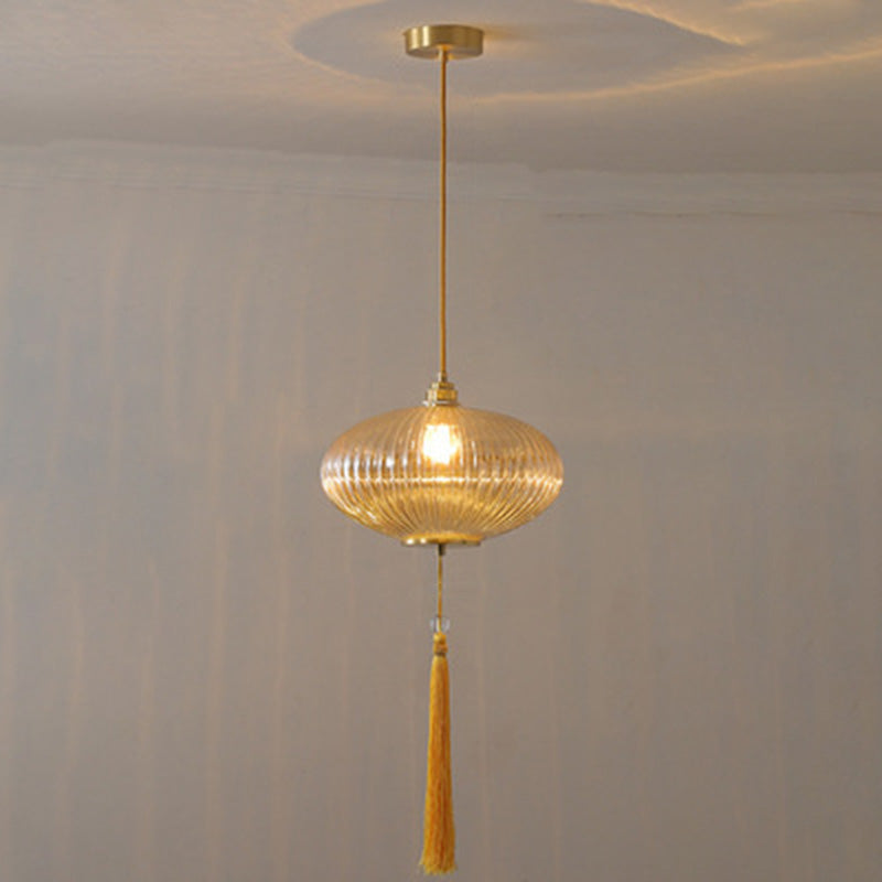 Lámpara colgante de 1 luz de vidrio de linterna redonda china tradicional de cobre para sala de estar 