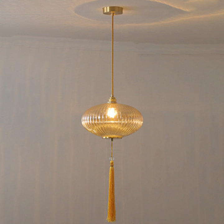 Lámpara colgante de 1 luz de vidrio de linterna redonda china tradicional de cobre para sala de estar 