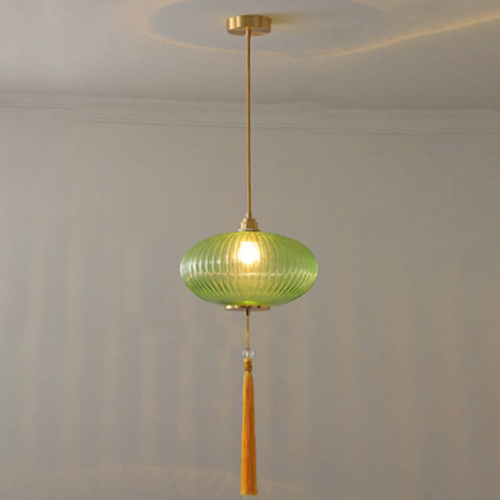 Lámpara colgante de 1 luz de vidrio de linterna redonda china tradicional de cobre para sala de estar 