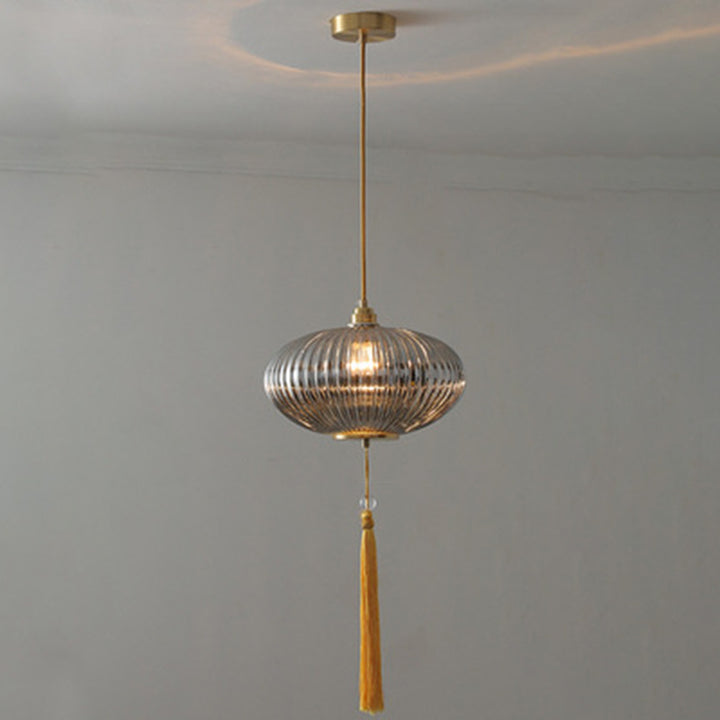 Lámpara colgante de 1 luz de vidrio de linterna redonda china tradicional de cobre para sala de estar 