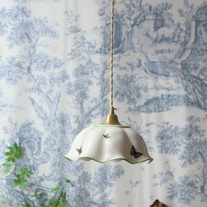 Traditional Japanese Skirt Butterfly Ceramic Copper 1-Light Pendant Light For Living Room