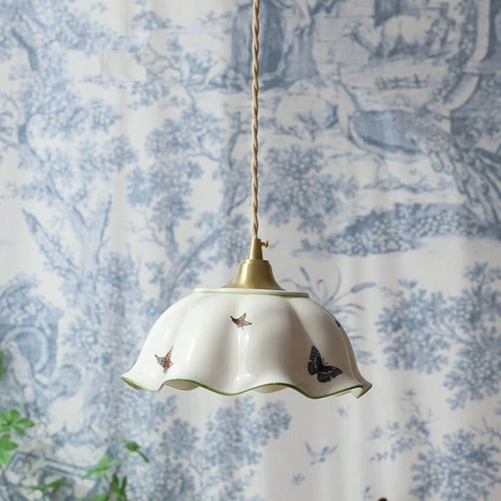 Traditional Japanese Skirt Butterfly Ceramic Copper 1-Light Pendant Light For Living Room