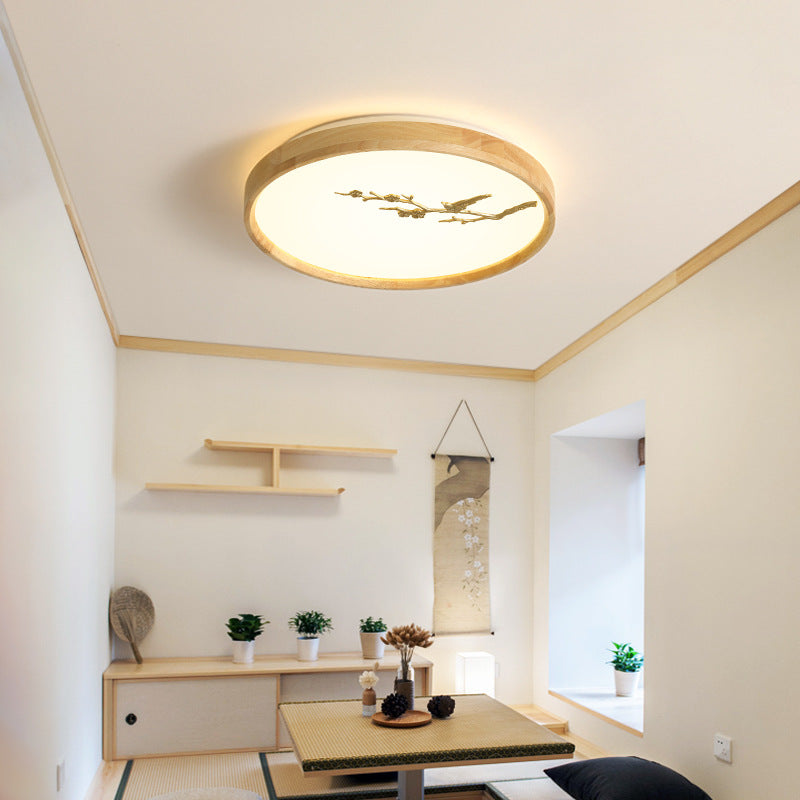 Plafonnier LED en bois PC avec lumière de plafond encastrée ronde traditionnelle japonaise pour chambre à coucher 