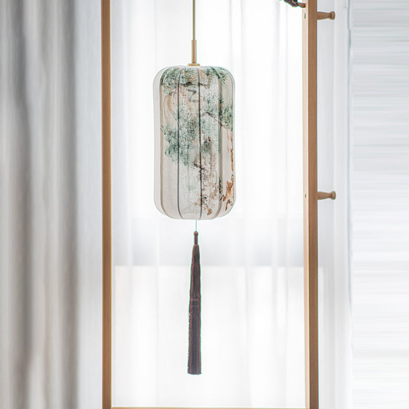 Traditionelle chinesische Laterne, Kieferngrün, Bambus, Lotusblume, Violett, Baumwolle, Leinen, Eschenholz, 1-flammige Pendelleuchte für Schlafzimmer 