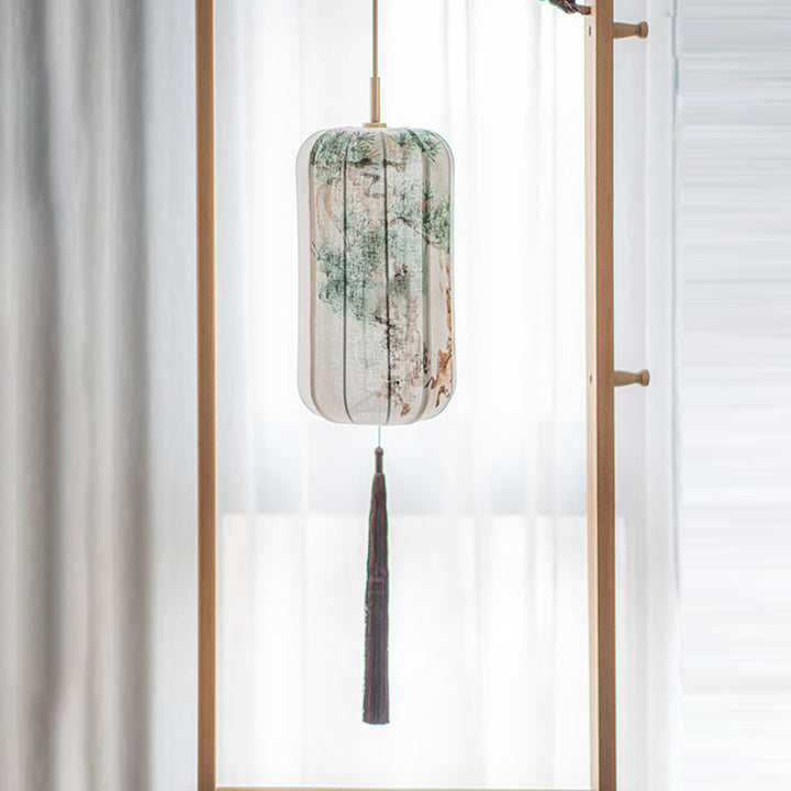 Traditionelle chinesische Laterne, Kieferngrün, Bambus, Lotusblume, Violett, Baumwolle, Leinen, Eschenholz, 1-flammige Pendelleuchte für Schlafzimmer 