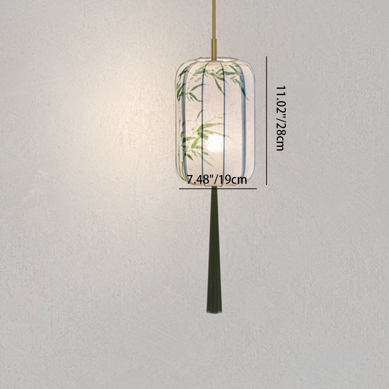 Traditionelle chinesische Laterne, Kieferngrün, Bambus, Lotusblume, Violett, Baumwolle, Leinen, Eschenholz, 1-flammige Pendelleuchte für Schlafzimmer 