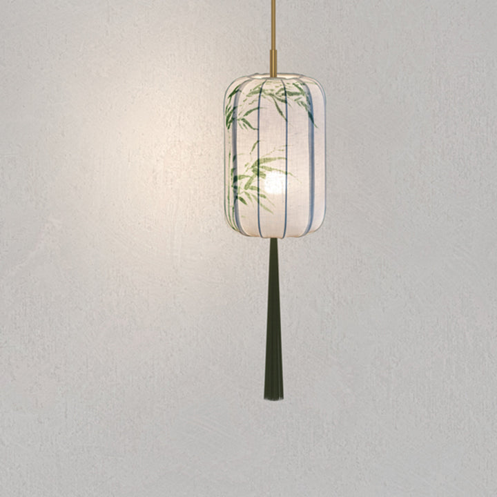 Traditionelle chinesische Laterne, Kieferngrün, Bambus, Lotusblume, Violett, Baumwolle, Leinen, Eschenholz, 1-flammige Pendelleuchte für Schlafzimmer 