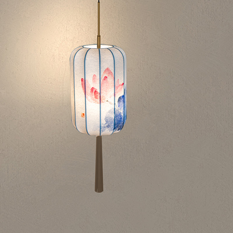 Traditionelle chinesische Laterne, Kieferngrün, Bambus, Lotusblume, Violett, Baumwolle, Leinen, Eschenholz, 1-flammige Pendelleuchte für Schlafzimmer 