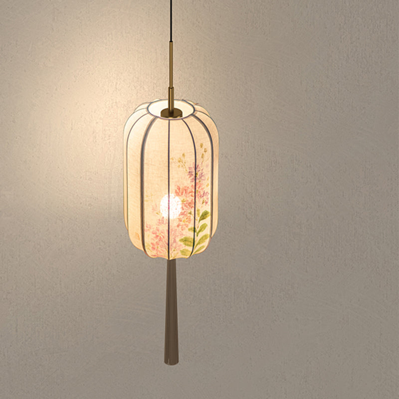 Traditionelle chinesische Laterne, Kieferngrün, Bambus, Lotusblume, Violett, Baumwolle, Leinen, Eschenholz, 1-flammige Pendelleuchte für Schlafzimmer 