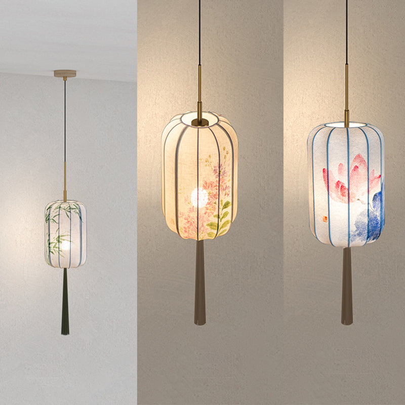 Traditionelle chinesische Laterne, Kieferngrün, Bambus, Lotusblume, Violett, Baumwolle, Leinen, Eschenholz, 1-flammige Pendelleuchte für Schlafzimmer 