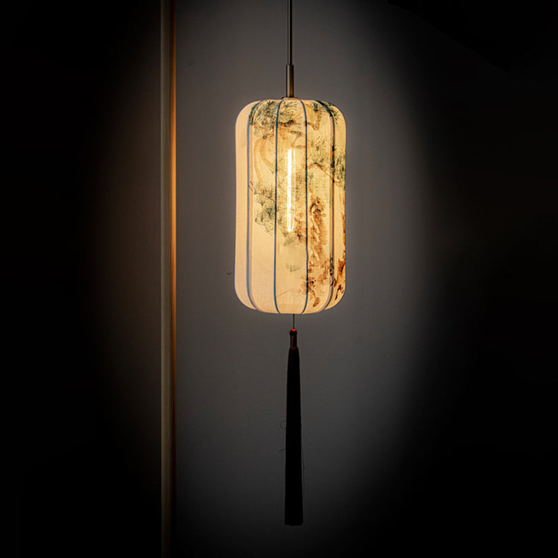 Traditionelle chinesische Laterne, Kieferngrün, Bambus, Lotusblume, Violett, Baumwolle, Leinen, Eschenholz, 1-flammige Pendelleuchte für Schlafzimmer 