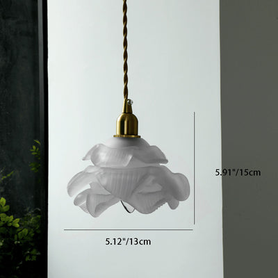 Suspension en cuivre à 1 lumière avec abat-jour en verre en forme de pétale de fleur traditionnelle française pour le salon 