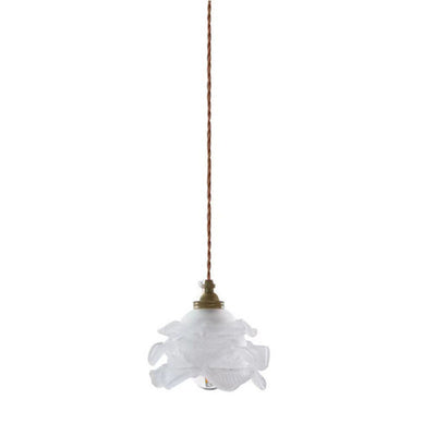 Suspension en cuivre à 1 lumière avec abat-jour en verre en forme de pétale de fleur traditionnelle française pour le salon 
