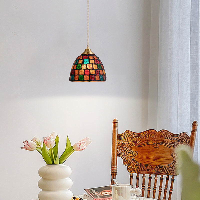 Traditional Vintage Bowl Half Round Glass Copper 1-Light Pendant Light For Living Room