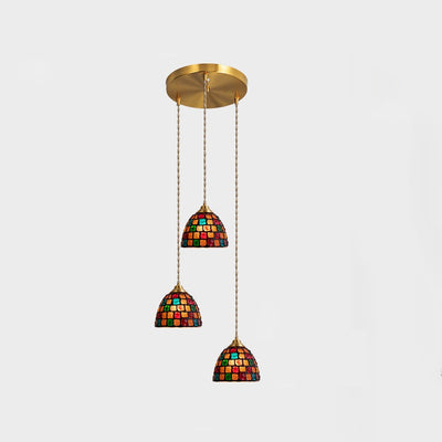 Chandelier traditionnel japonais en verre rond en cuivre à 3 lumières pour salon 