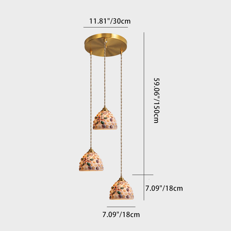 Chandelier traditionnel japonais en verre rond en cuivre à 3 lumières pour salon 