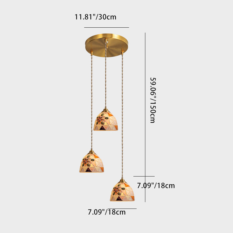 Chandelier traditionnel japonais en verre rond en cuivre à 3 lumières pour salon 